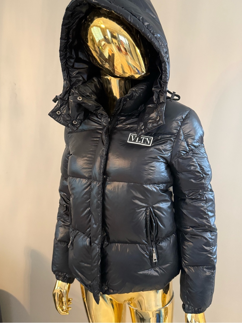 Valentino Black Quilted VLTN Hooded Puffer Jacket